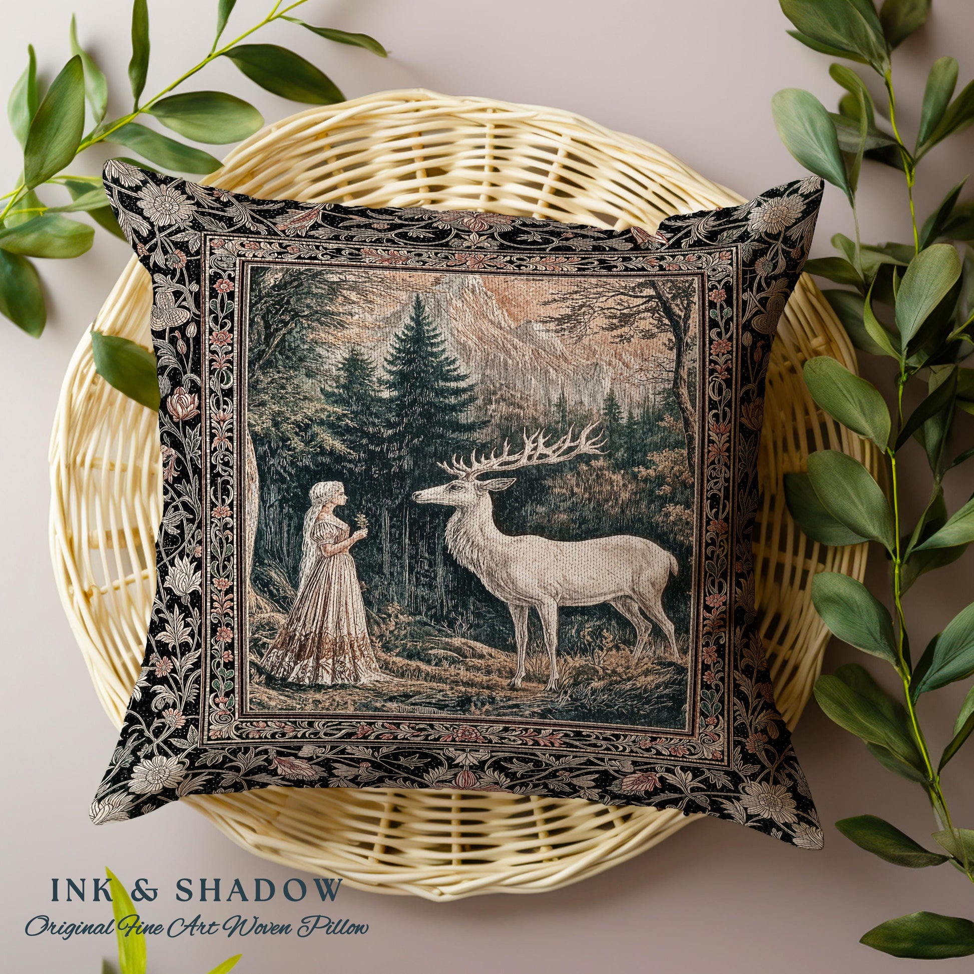 Mythic Landscape Gothic Forest Pillow | Woodland Goddess Mystic Deer Woven Tapestry Cushion Forest Nymph Fairycore Magical Botanical Scene