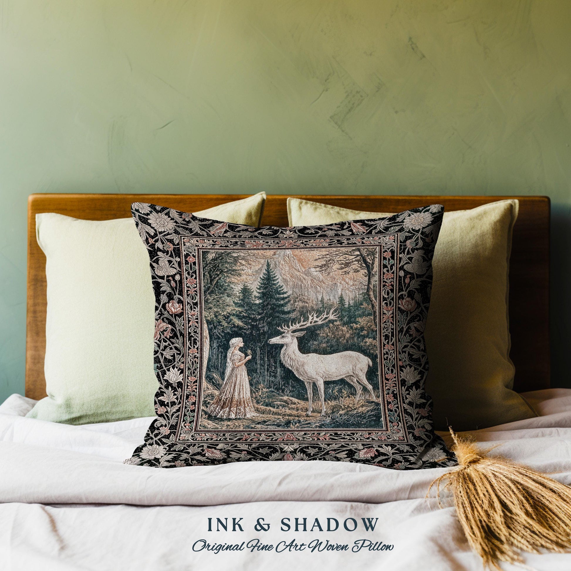 Mythic Landscape Gothic Forest Pillow | Woodland Goddess Mystic Deer Woven Tapestry Cushion Forest Nymph Fairycore Magical Botanical Scene