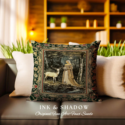 Nature Spirits Ethereal Woven Pillow | Royal Medieval Folklore inspired Woodland Landscape Throw Pillow Fantasy Dark Forest Tapestry Cushion