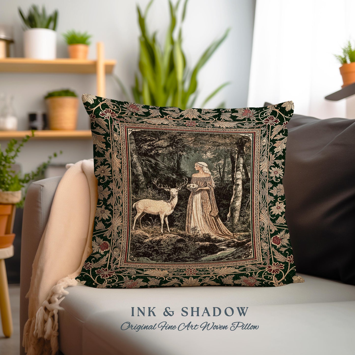 Nature Spirits Ethereal Woven Pillow | Royal Medieval Folklore inspired Woodland Landscape Throw Pillow Fantasy Dark Forest Tapestry Cushion