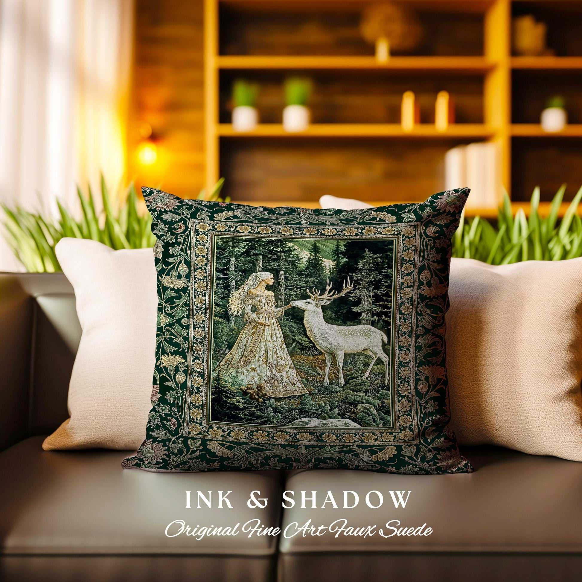 Botanical Folklore Ethereal Woven Pillow | Forest Elegance Mother Earth Tapestry Cushion Fantasy Dark Green Dark Fairycore Romantic Style |