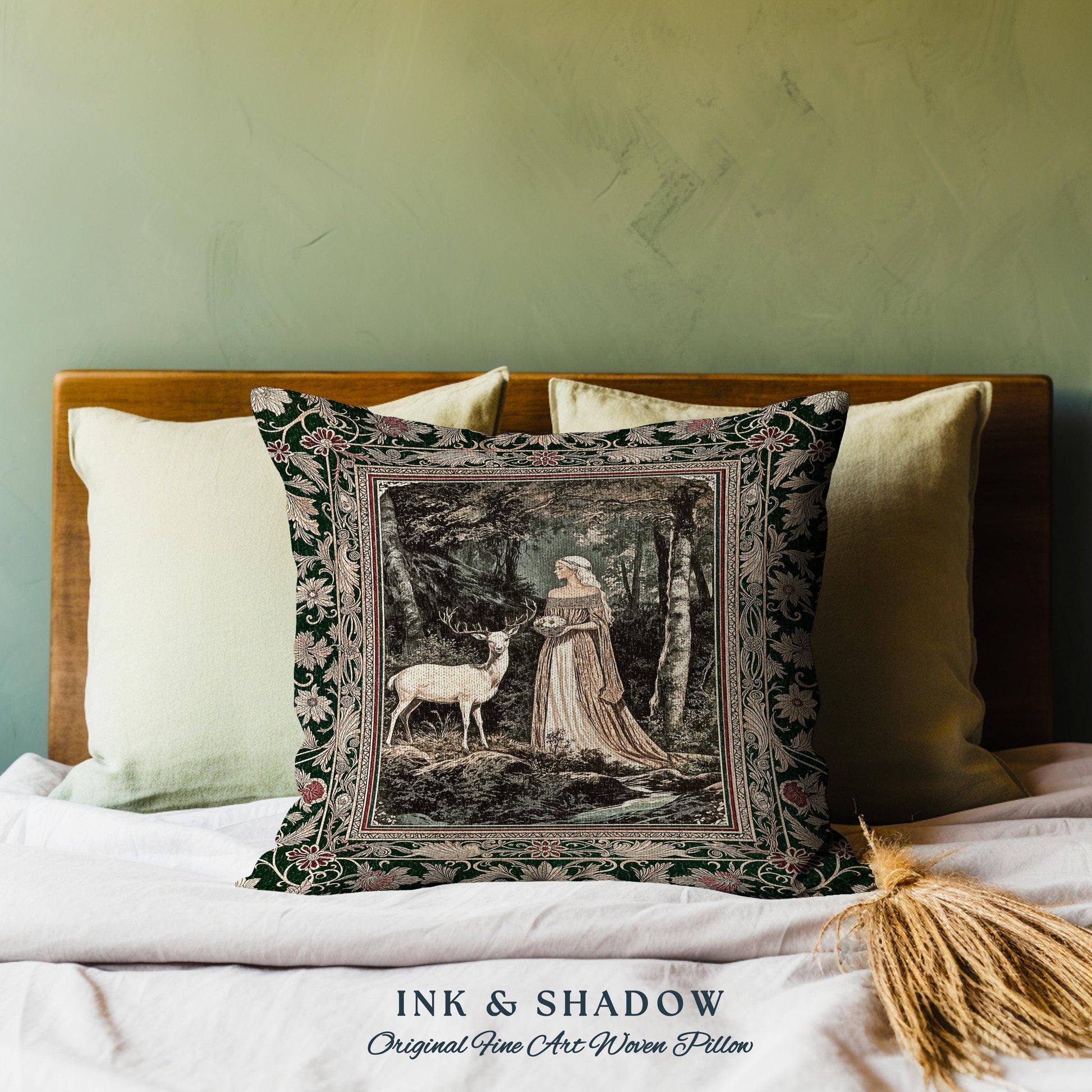 Nature Spirits Ethereal Woven Pillow | Royal Medieval Folklore inspired Woodland Landscape Throw Pillow Fantasy Dark Forest Tapestry Cushion