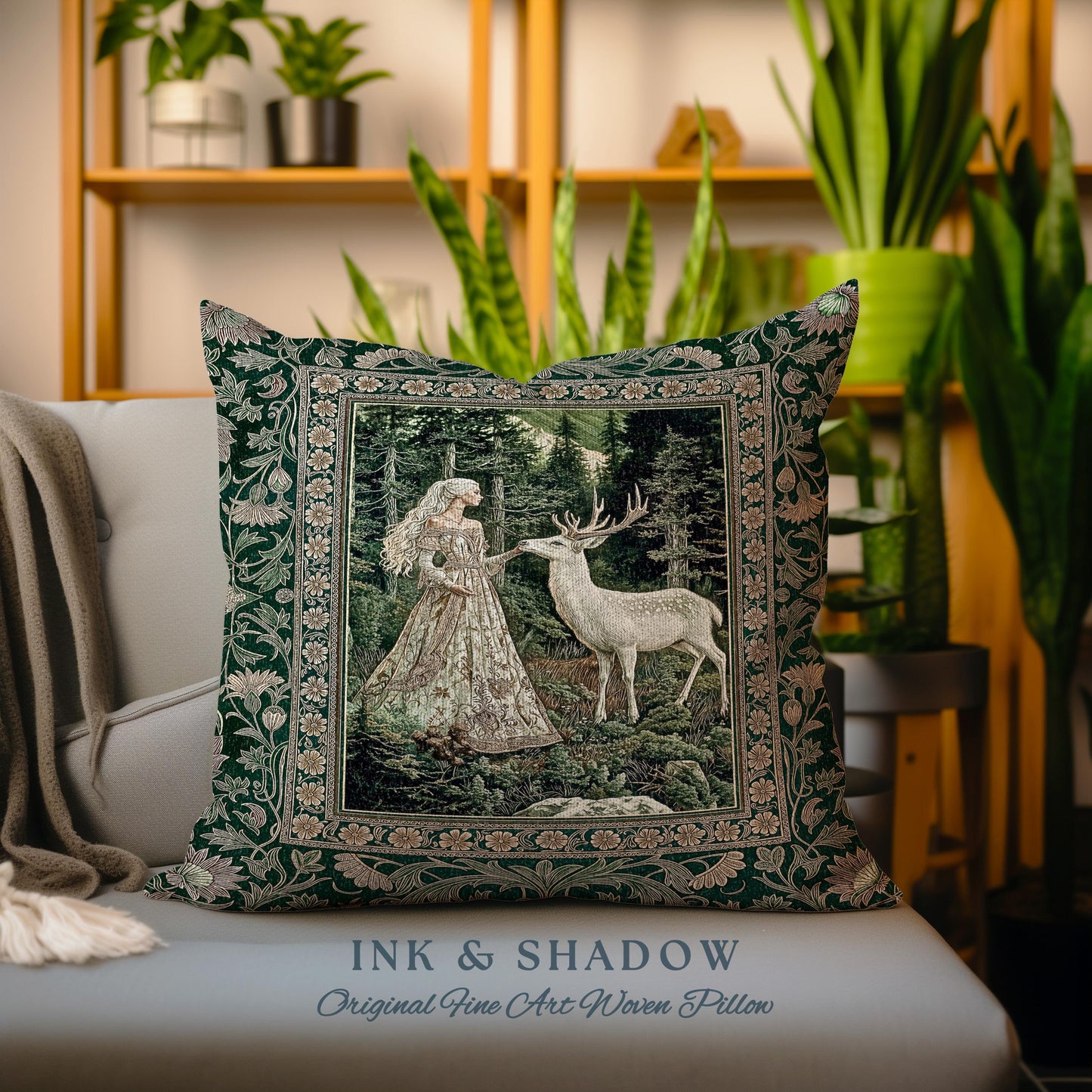 Botanical Folklore Ethereal Woven Pillow | Forest Elegance Mother Earth Tapestry Cushion Fantasy Dark Green Dark Fairycore Romantic Style |