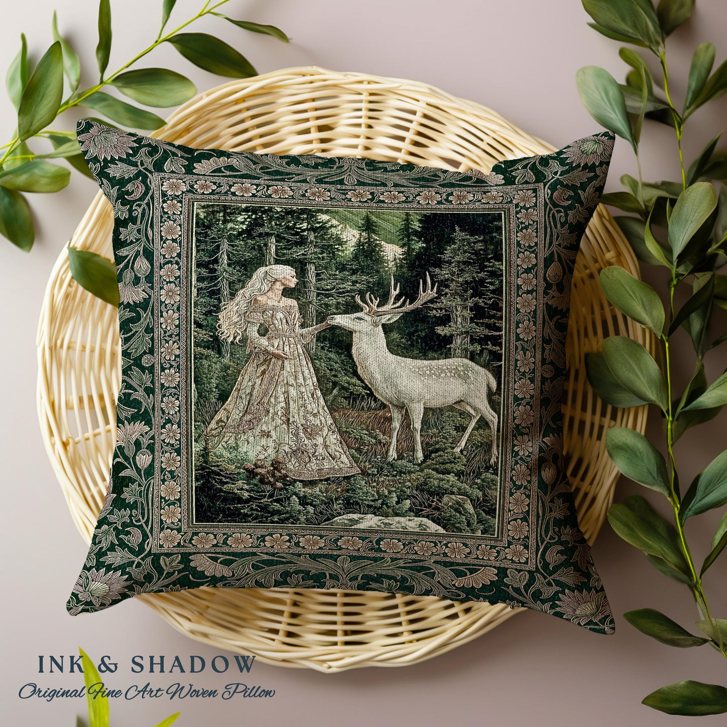 Botanical Folklore Ethereal Woven Pillow | Forest Elegance Mother Earth Tapestry Cushion Fantasy Dark Green Dark Fairycore Romantic Style |