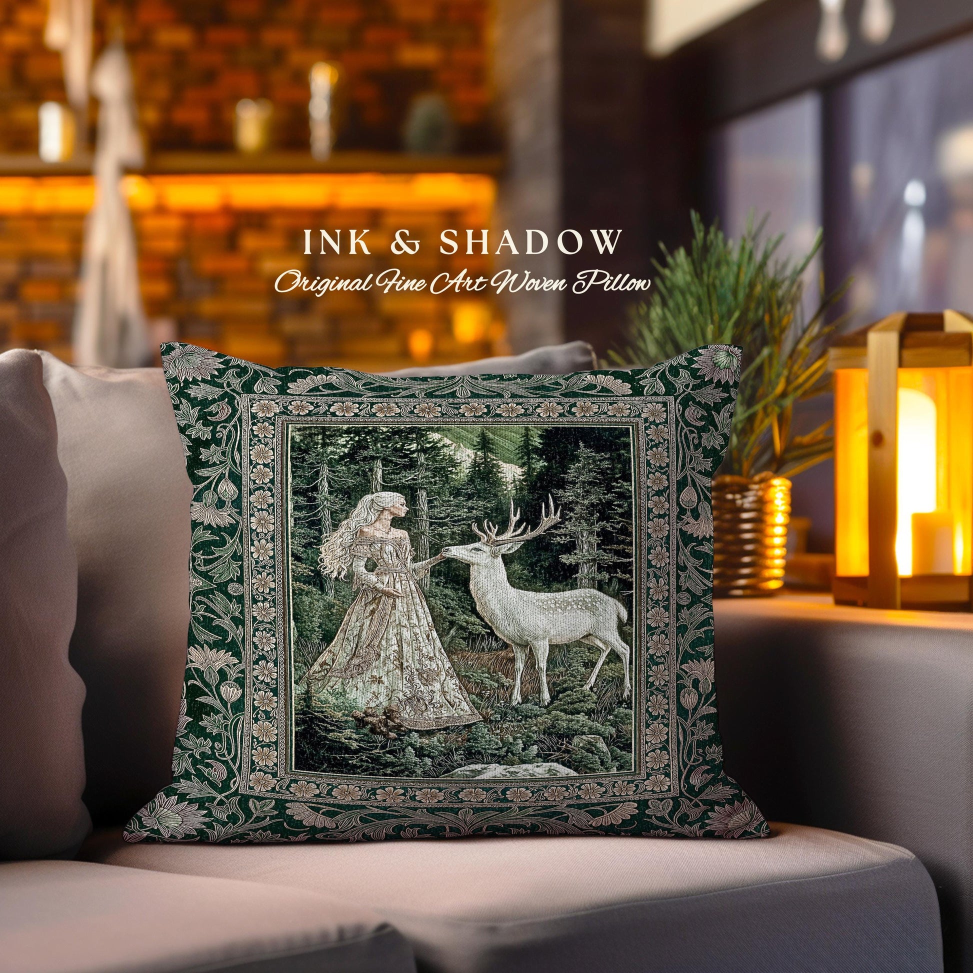 Botanical Folklore Ethereal Woven Pillow | Forest Elegance Mother Earth Tapestry Cushion Fantasy Dark Green Dark Fairycore Romantic Style |