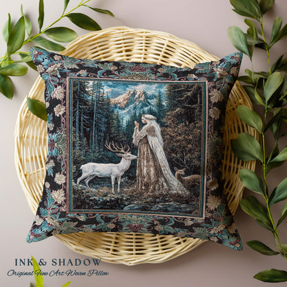 Magical Forest Fantasy Pillow | Ancient Druid Throw Pillow Woodland Spirit Animal Fairytale Decor Ethereal Woven Tapestry Cushion Folklore