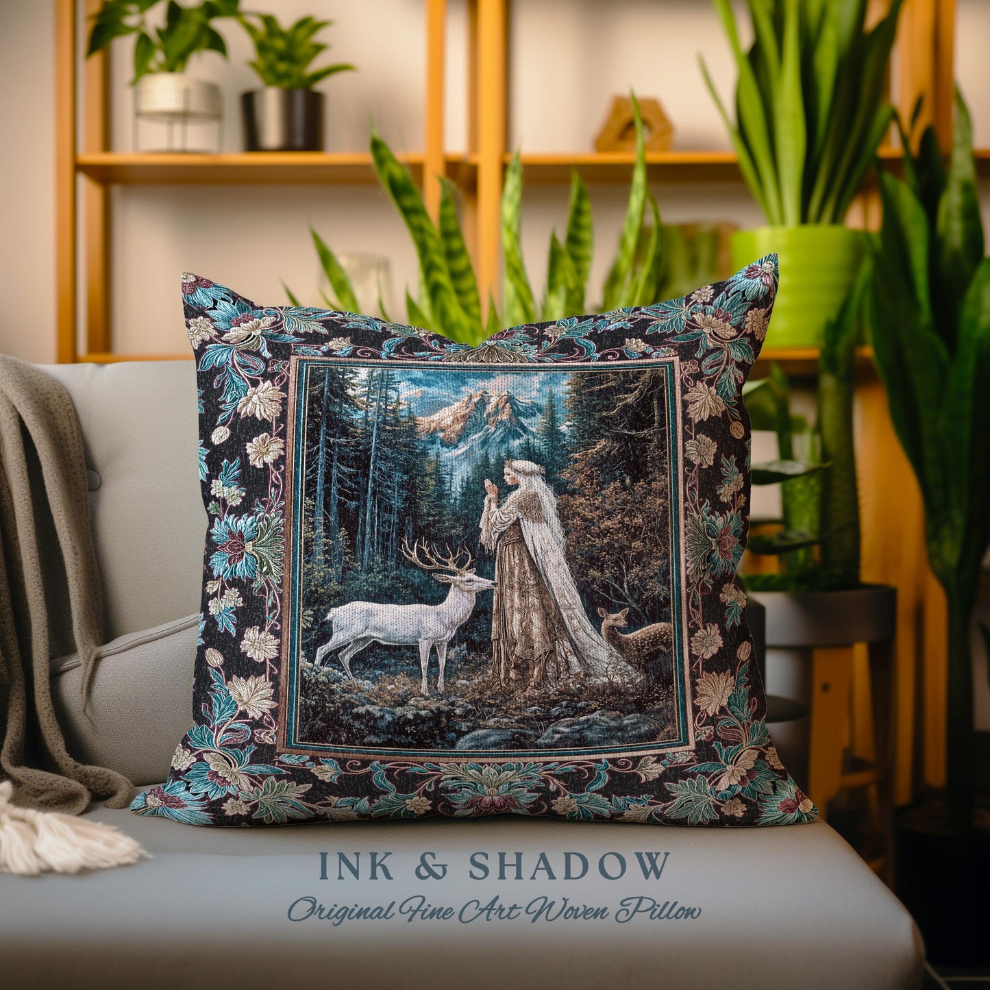 Magical Forest Fantasy Pillow | Ancient Druid Throw Pillow Woodland Spirit Animal Fairytale Decor Ethereal Woven Tapestry Cushion Folklore