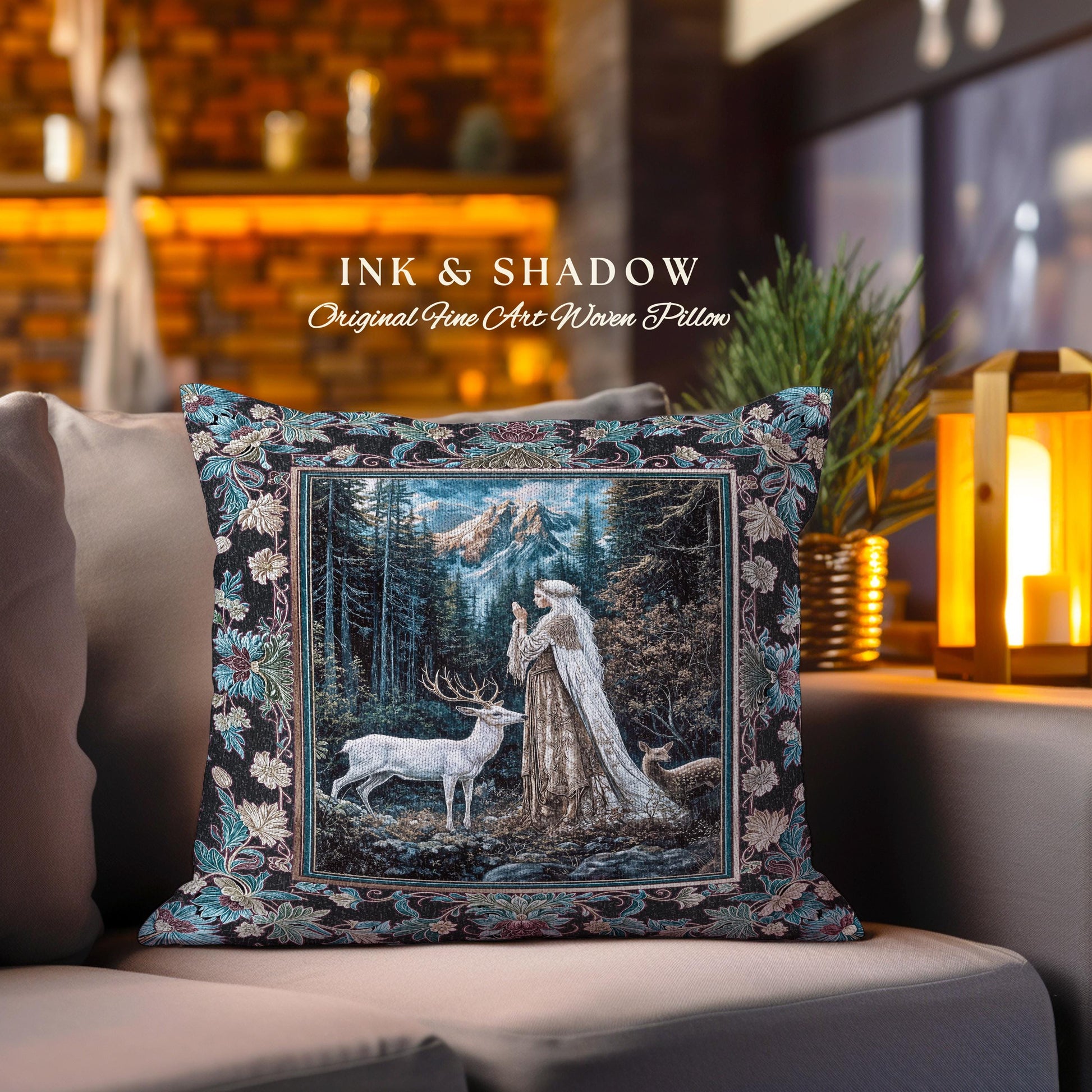 Magical Forest Fantasy Pillow | Ancient Druid Throw Pillow Woodland Spirit Animal Fairytale Decor Ethereal Woven Tapestry Cushion Folklore