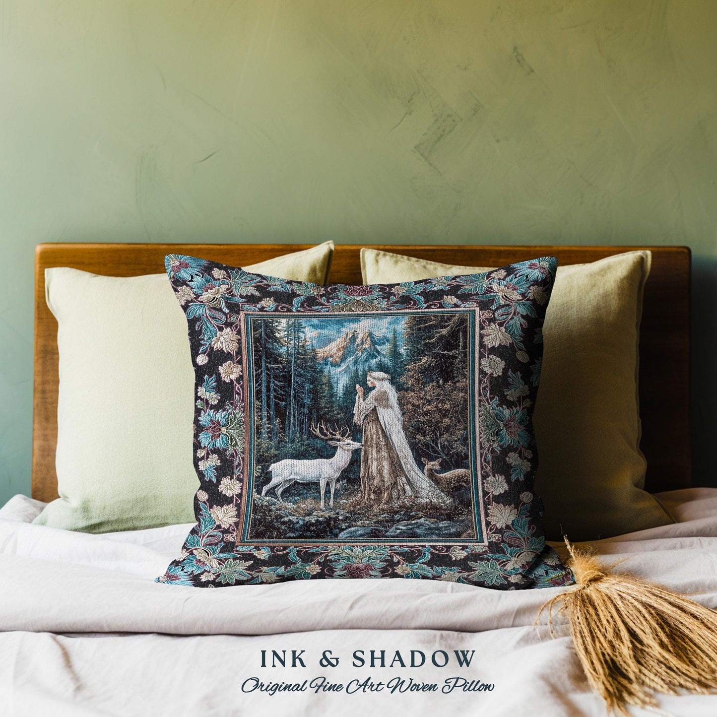 Magical Forest Fantasy Pillow | Ancient Druid Throw Pillow Woodland Spirit Animal Fairytale Decor Ethereal Woven Tapestry Cushion Folklore