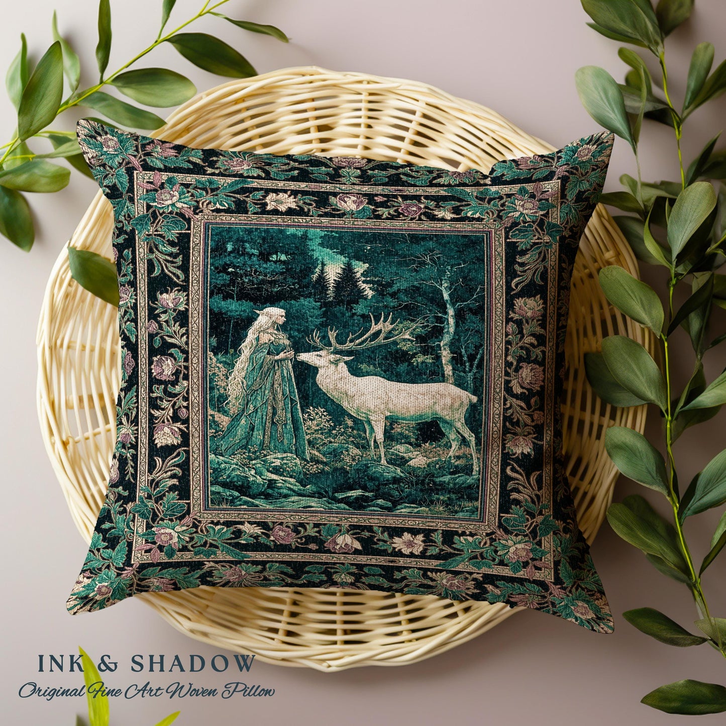 Moody Magic Forest Spirits Throw Pillow | Dark Nature Renaissance Botanical Cottagecore Medieval Folklore Inspired Fantasy Tapestry Cushion