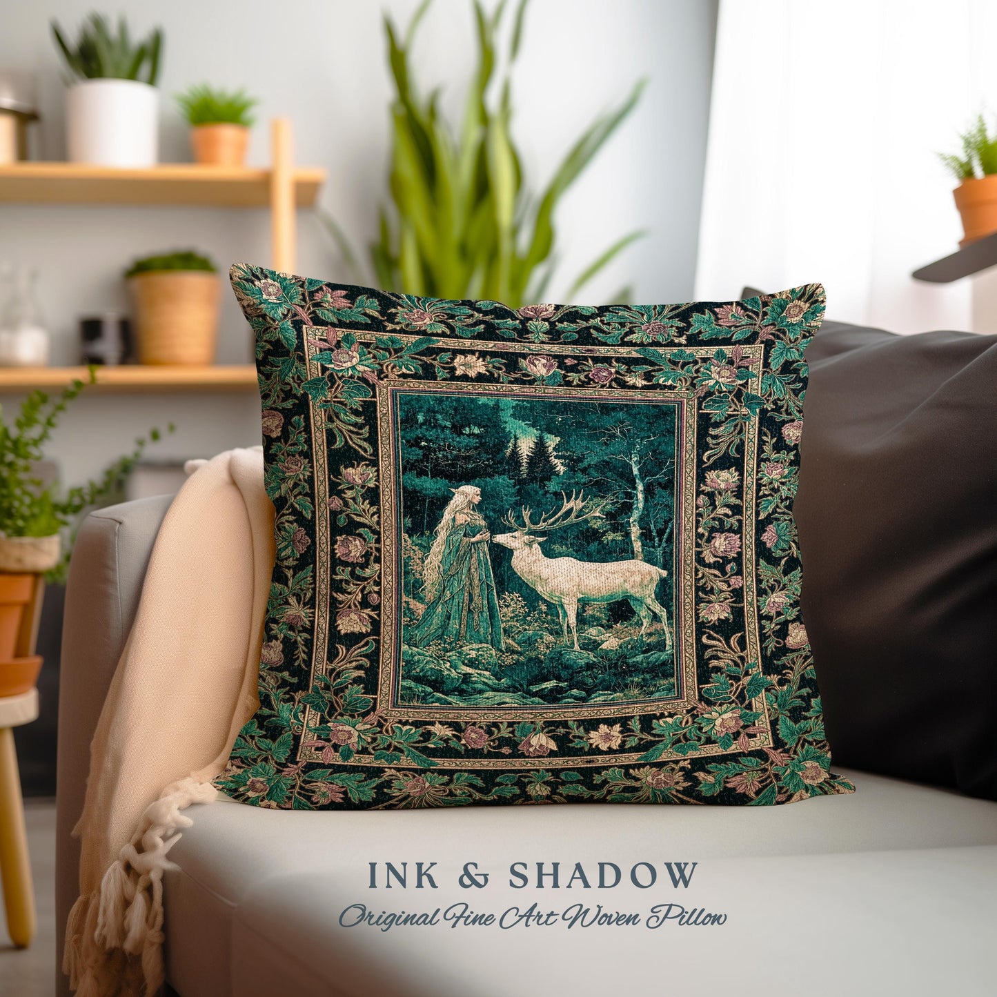 Moody Magic Forest Spirits Throw Pillow | Dark Nature Renaissance Botanical Cottagecore Medieval Folklore Inspired Fantasy Tapestry Cushion