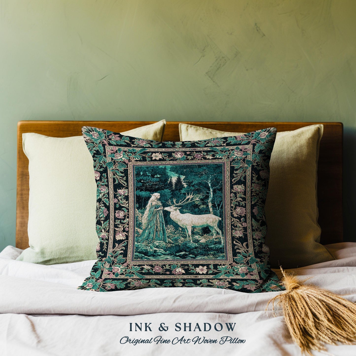 Moody Magic Forest Spirits Throw Pillow | Dark Nature Renaissance Botanical Cottagecore Medieval Folklore Inspired Fantasy Tapestry Cushion