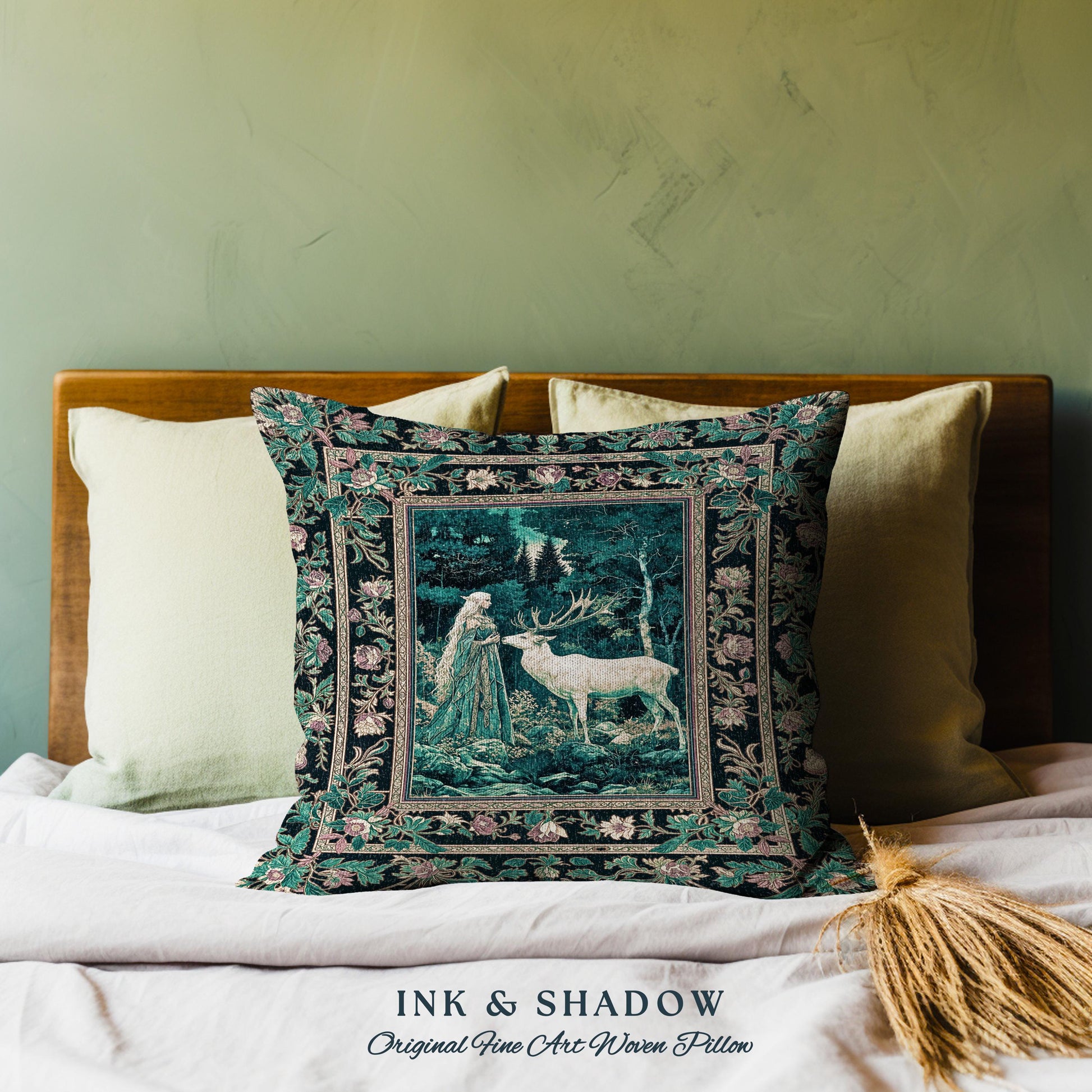 Moody Magic Forest Spirits Throw Pillow | Dark Nature Renaissance Botanical Cottagecore Medieval Folklore Inspired Fantasy Tapestry Cushion