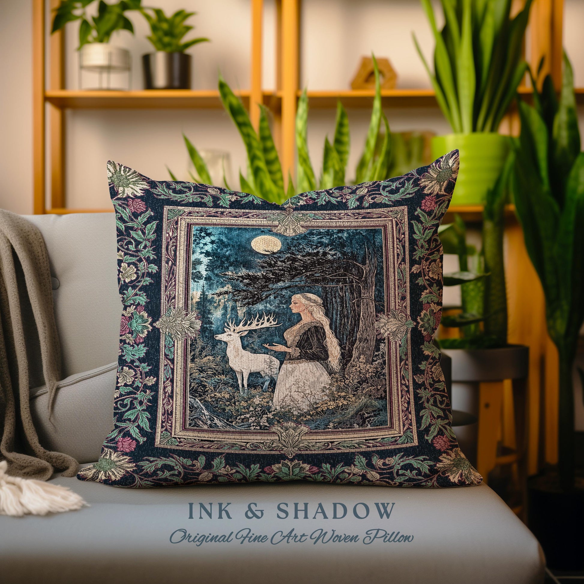 Moonlit Fairytale Mystic Throw Pillow | Woodland Gothic Forest Green Nature Goddess Woven Tapestry Cushion Folklore Botanical Fantasy Style