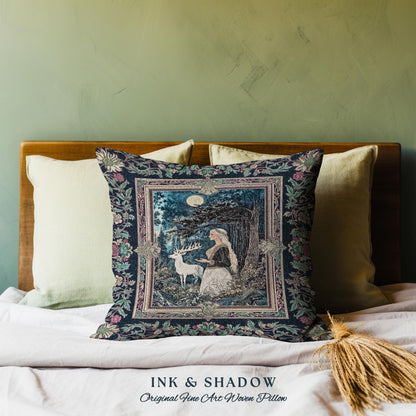 Moonlit Fairytale Mystic Throw Pillow | Woodland Gothic Forest Green Nature Goddess Woven Tapestry Cushion Folklore Botanical Fantasy Style