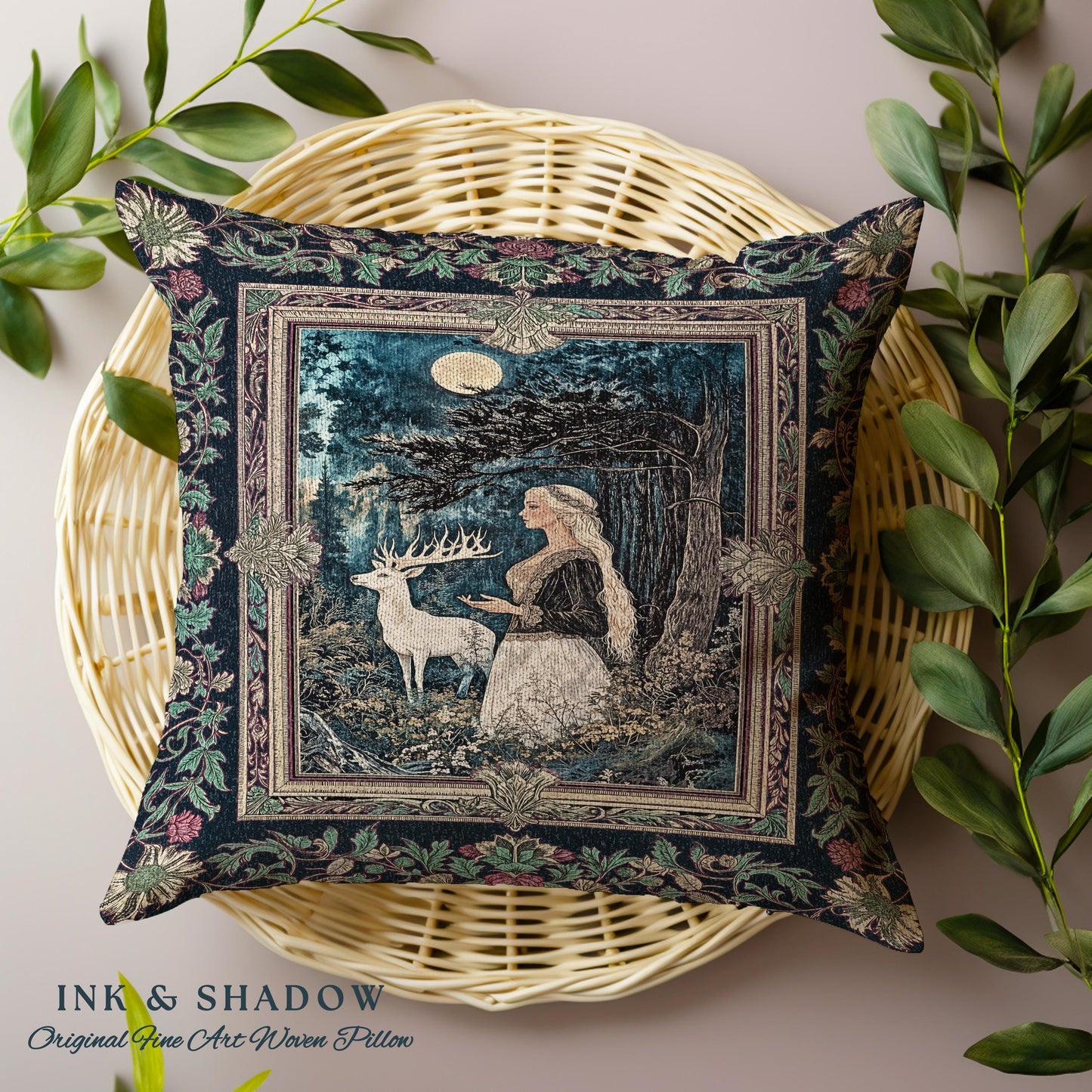 Moonlit Fairytale Mystic Throw Pillow | Woodland Gothic Forest Green Nature Goddess Woven Tapestry Cushion Folklore Botanical Fantasy Style