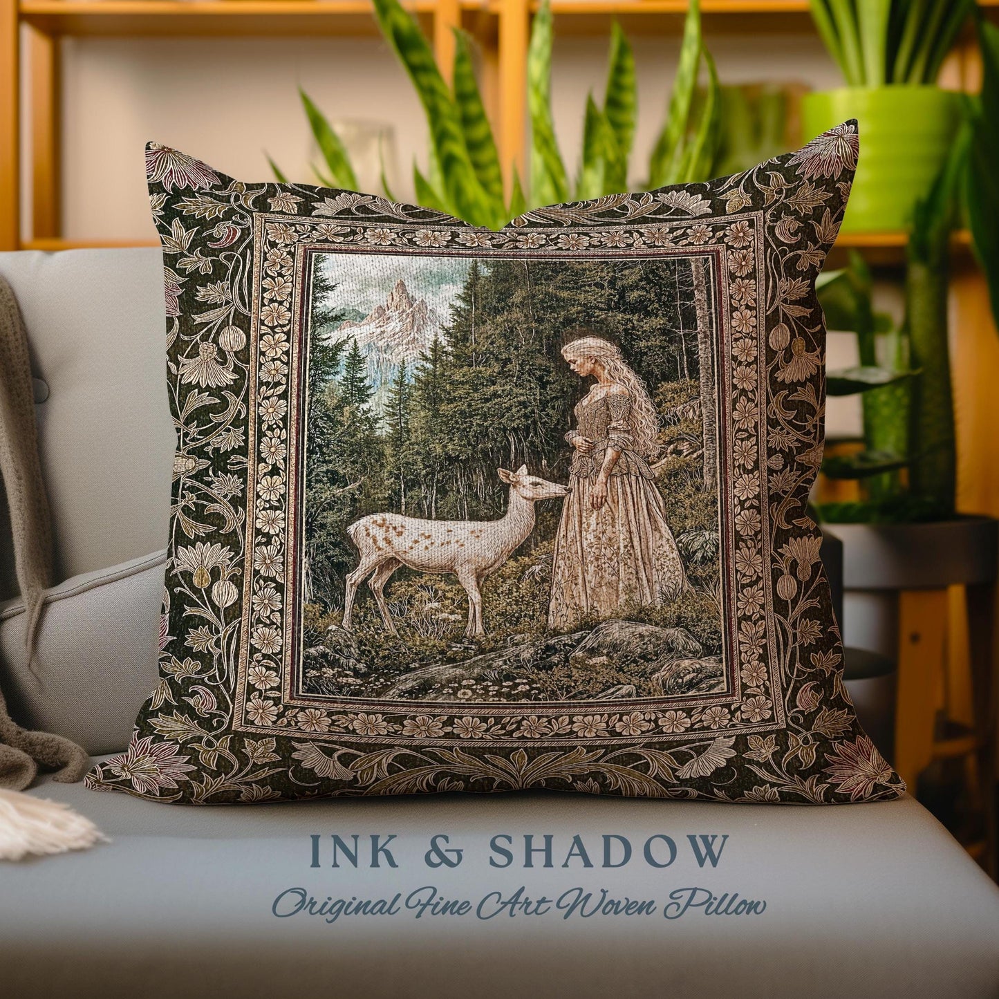 Whimsy Woodland Goddess Throw Pillow | Elegant Fairytale Tapestry Woven Cushion Victorian Botanical Princess Mystic Deer Forest Spirit Art |