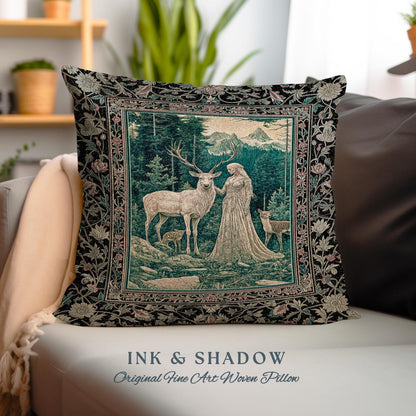 Twilight Forest Spirits Throw Pillow | Mythic Woodland Fairycore Tapestry Cushion Royal Renaissance Folklore Landscape Woven Victorian Decor