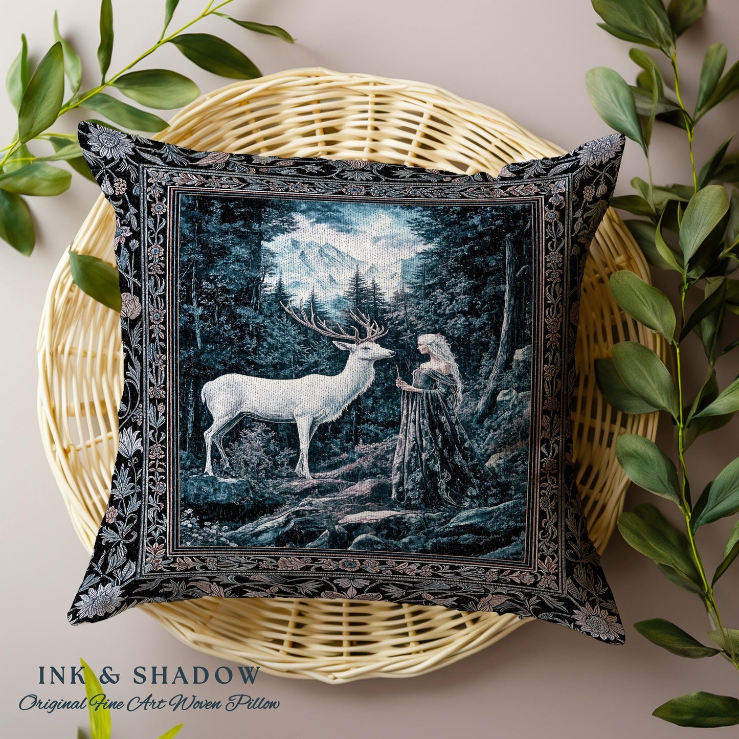 Goddess of the Woods Woven Pillow | Ethereal Forest Folklore Inspired Nature Throw Pillow Botanical Cushion Cottagecore Medieval Romantic |