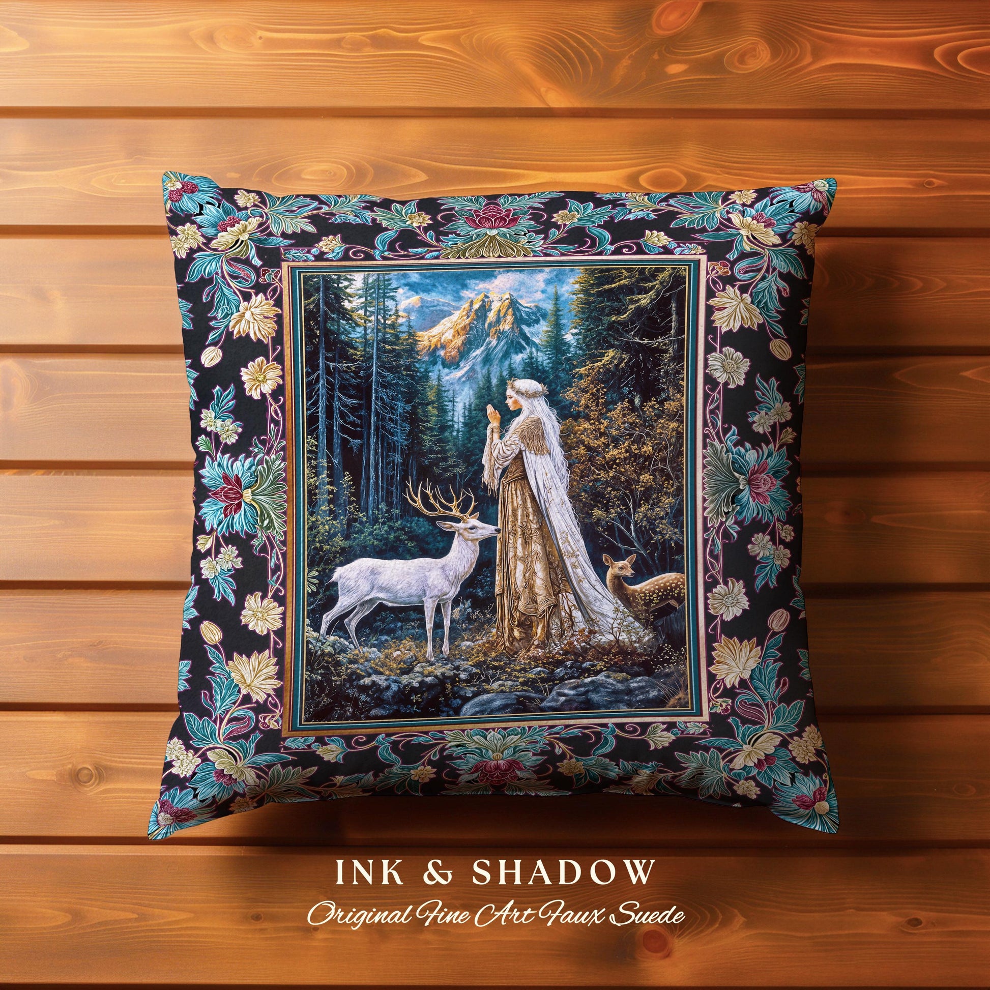 Magical Forest Fantasy Pillow | Ancient Druid Throw Pillow Woodland Spirit Animal Fairytale Decor Ethereal Woven Tapestry Cushion Folklore