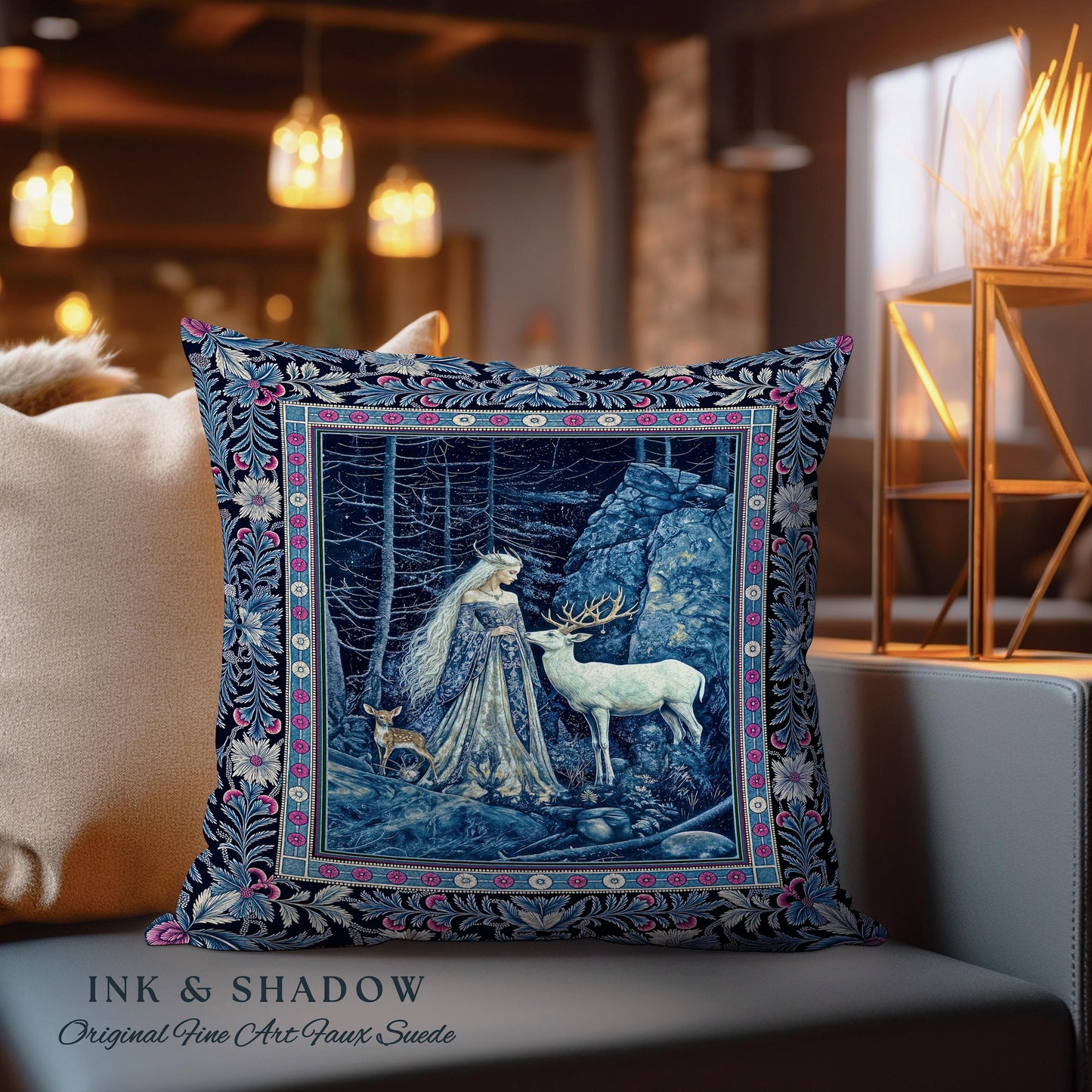 Spirit Animals Ethereal Goddess Pillow | Storybook Aesthetic Magical Forest Nymph Fantasy Woven Tapestry Cushion Dark Victorian Woodland |