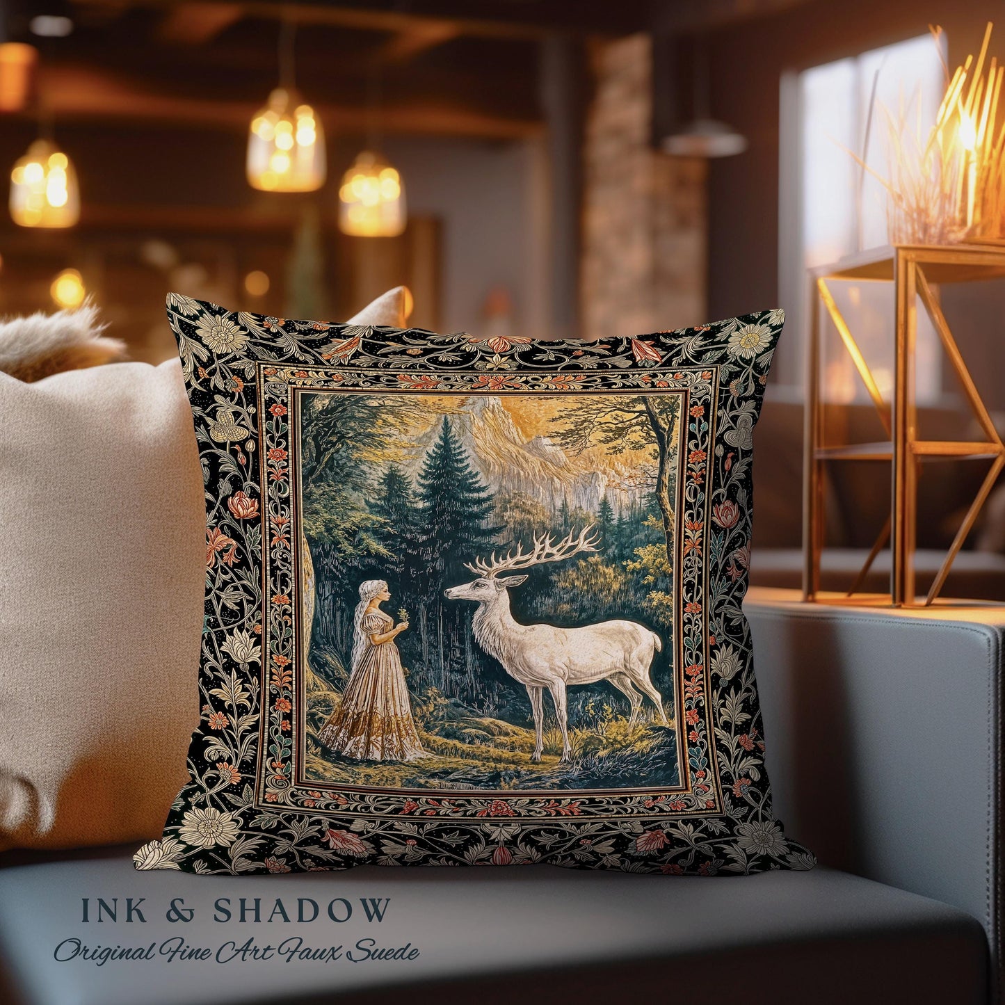 Mythic Landscape Gothic Forest Pillow | Woodland Goddess Mystic Deer Woven Tapestry Cushion Forest Nymph Fairycore Magical Botanical Scene