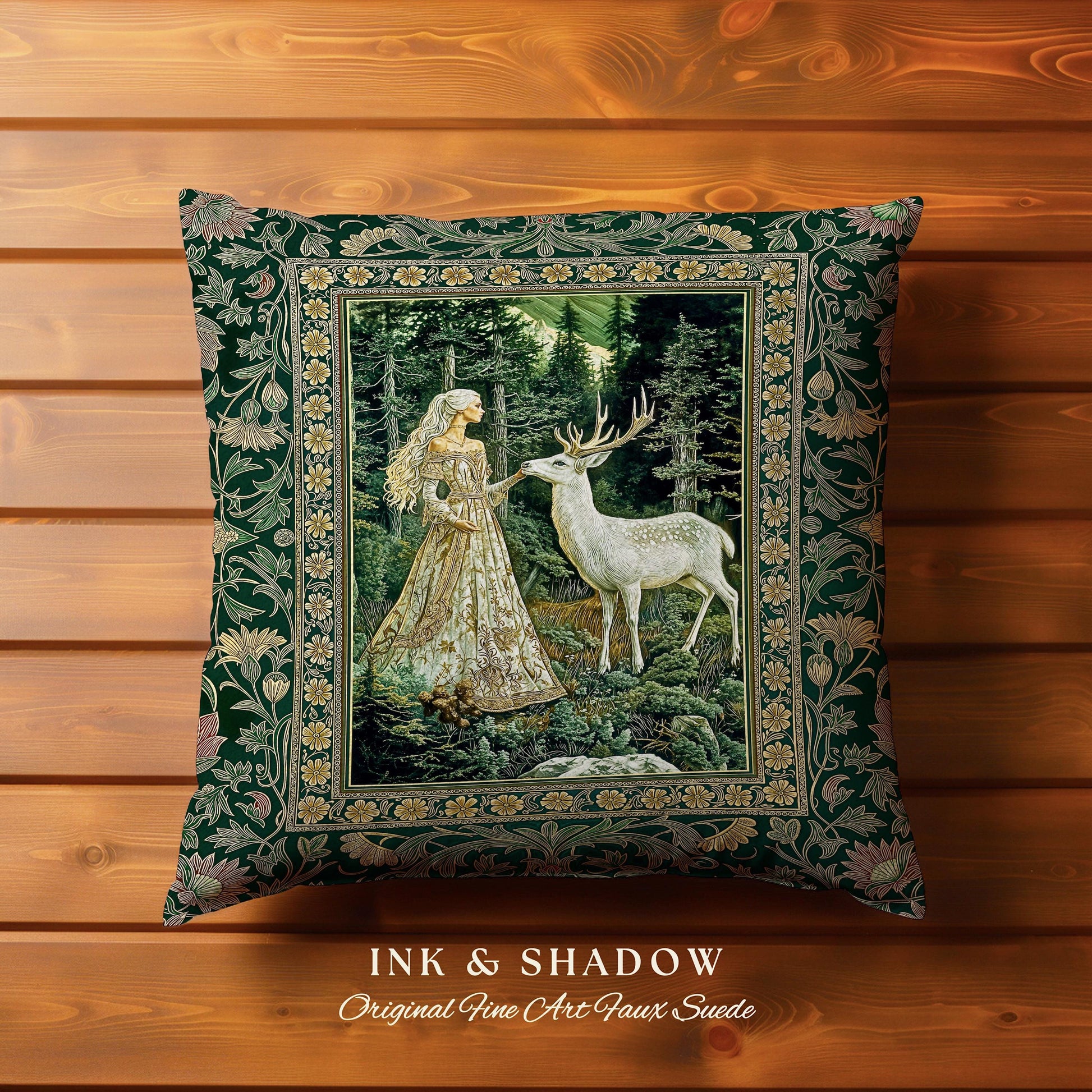 Botanical Folklore Ethereal Woven Pillow | Forest Elegance Mother Earth Tapestry Cushion Fantasy Dark Green Dark Fairycore Romantic Style |