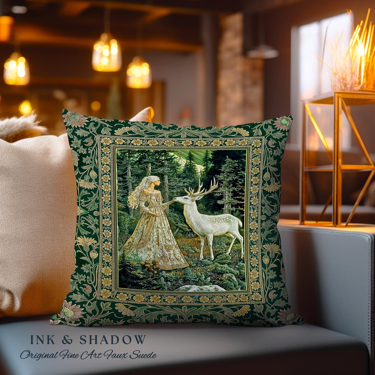 Botanical Folklore Ethereal Woven Pillow | Forest Elegance Mother Earth Tapestry Cushion Fantasy Dark Green Dark Fairycore Romantic Style |