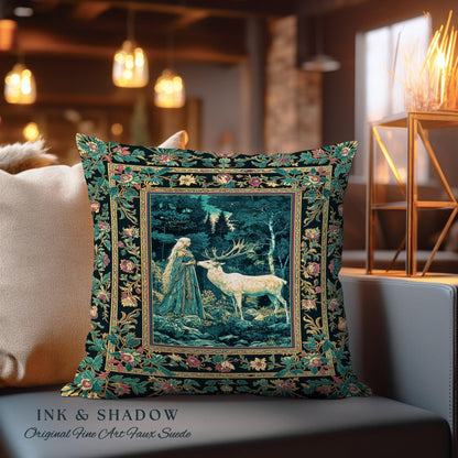 Moody Magic Forest Spirits Throw Pillow | Dark Nature Renaissance Botanical Cottagecore Medieval Folklore Inspired Fantasy Tapestry Cushion