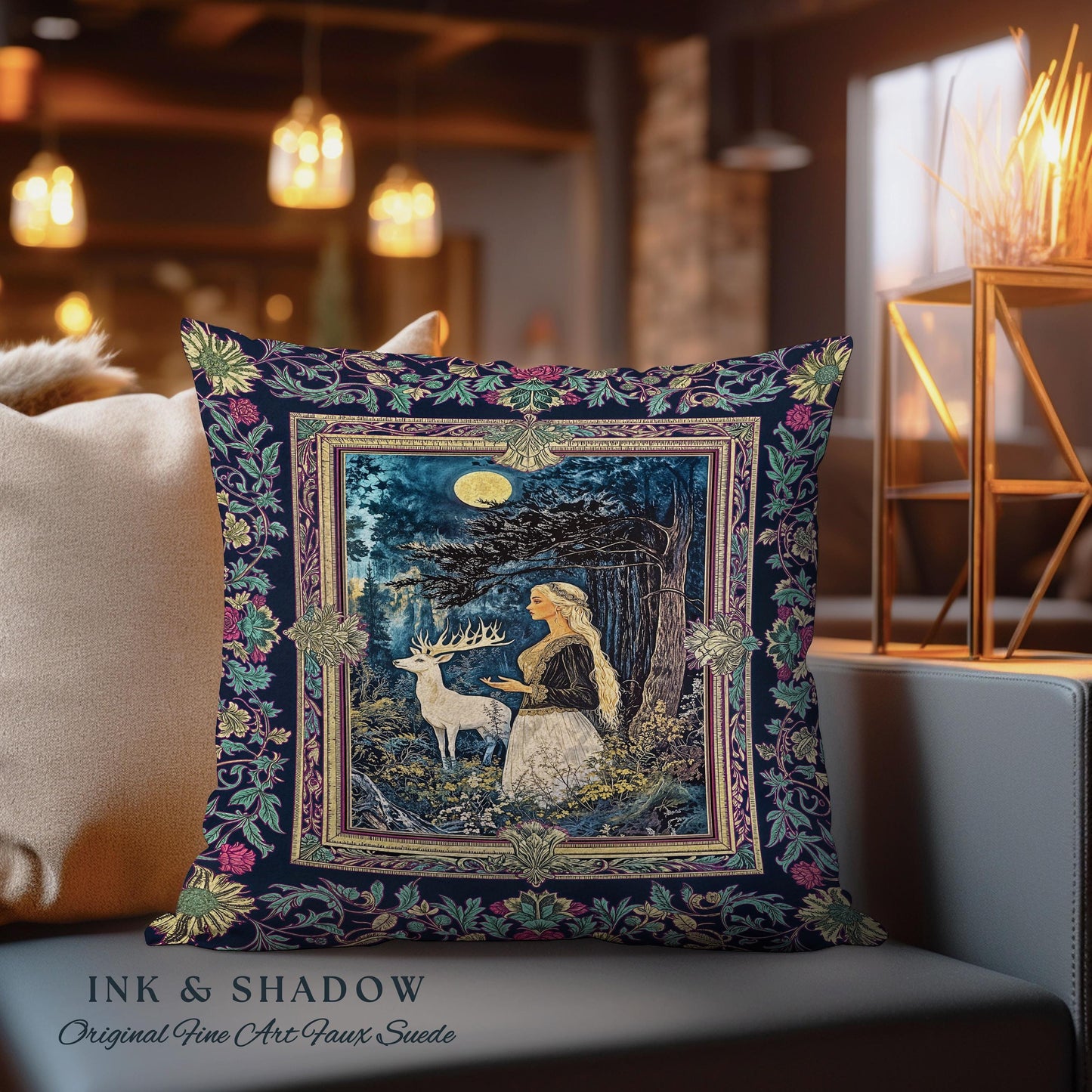 Moonlit Fairytale Mystic Throw Pillow | Woodland Gothic Forest Green Nature Goddess Woven Tapestry Cushion Folklore Botanical Fantasy Style