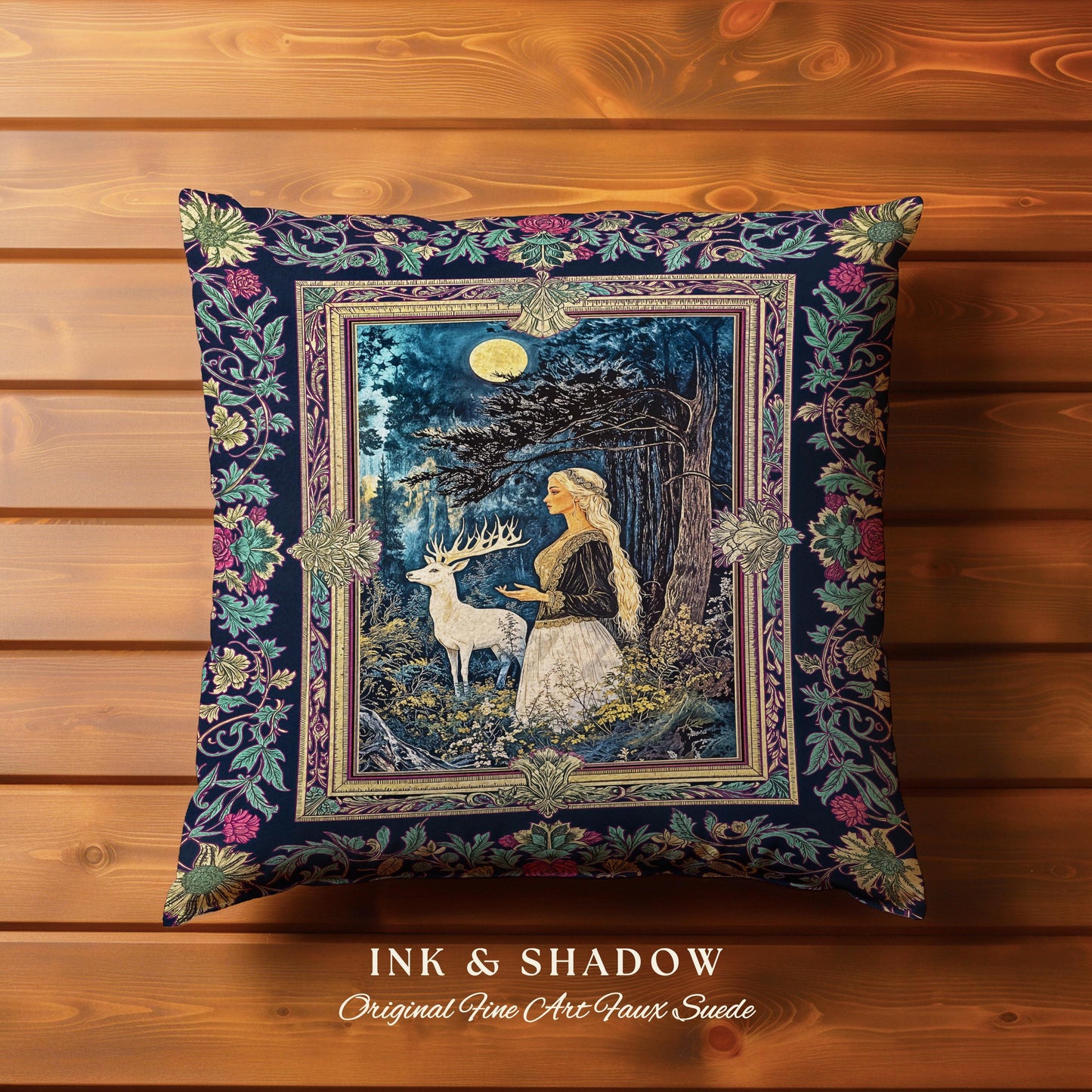 Moonlit Fairytale Mystic Throw Pillow | Woodland Gothic Forest Green Nature Goddess Woven Tapestry Cushion Folklore Botanical Fantasy Style