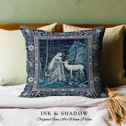 Spirit Animals Ethereal Goddess Pillow | Storybook Aesthetic Magical Forest Nymph Fantasy Woven Tapestry Cushion Dark Victorian Woodland |