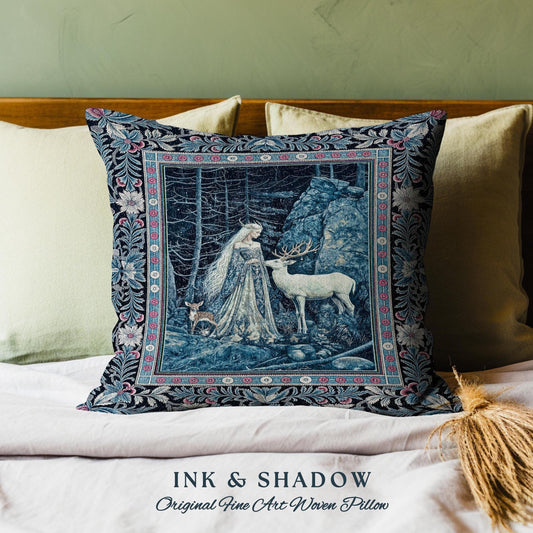 Spirit Animals Ethereal Goddess Pillow | Storybook Aesthetic Magical Forest Nymph Fantasy Woven Tapestry Cushion Dark Victorian Woodland |