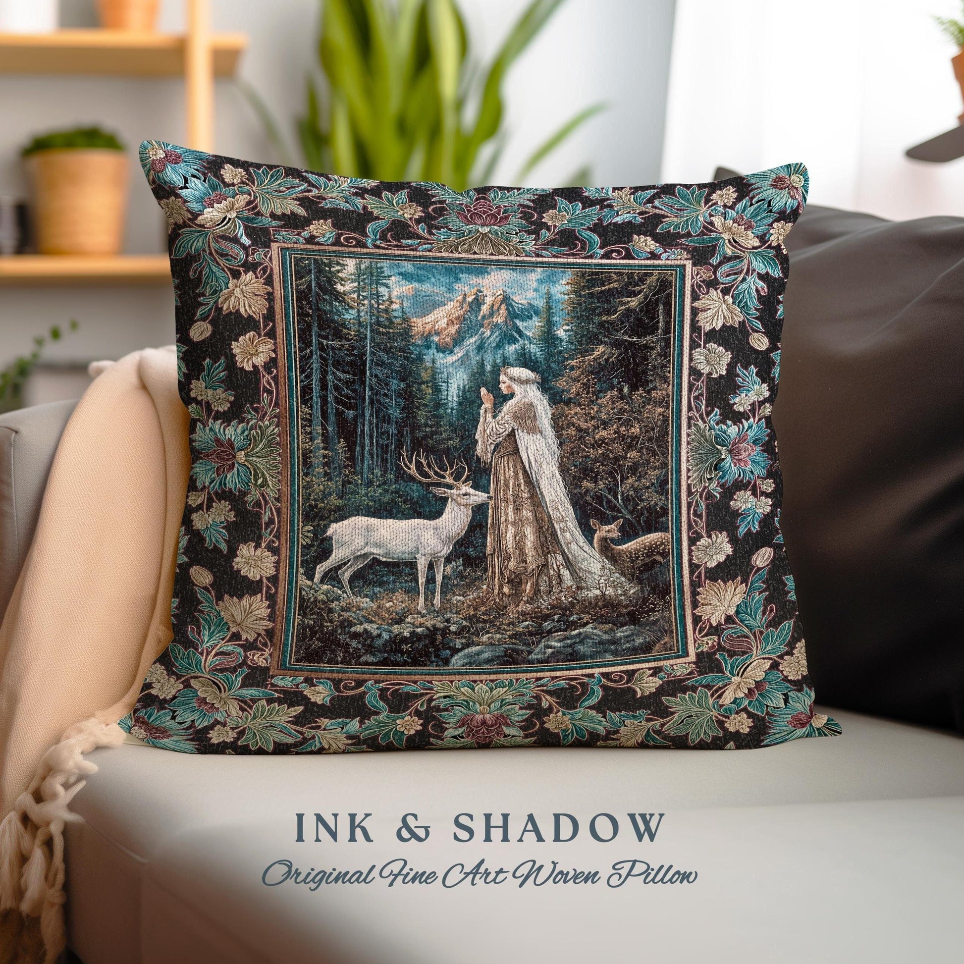 Magical Forest Fantasy Pillow | Ancient Druid Throw Pillow Woodland Spirit Animal Fairytale Decor Ethereal Woven Tapestry Cushion Folklore