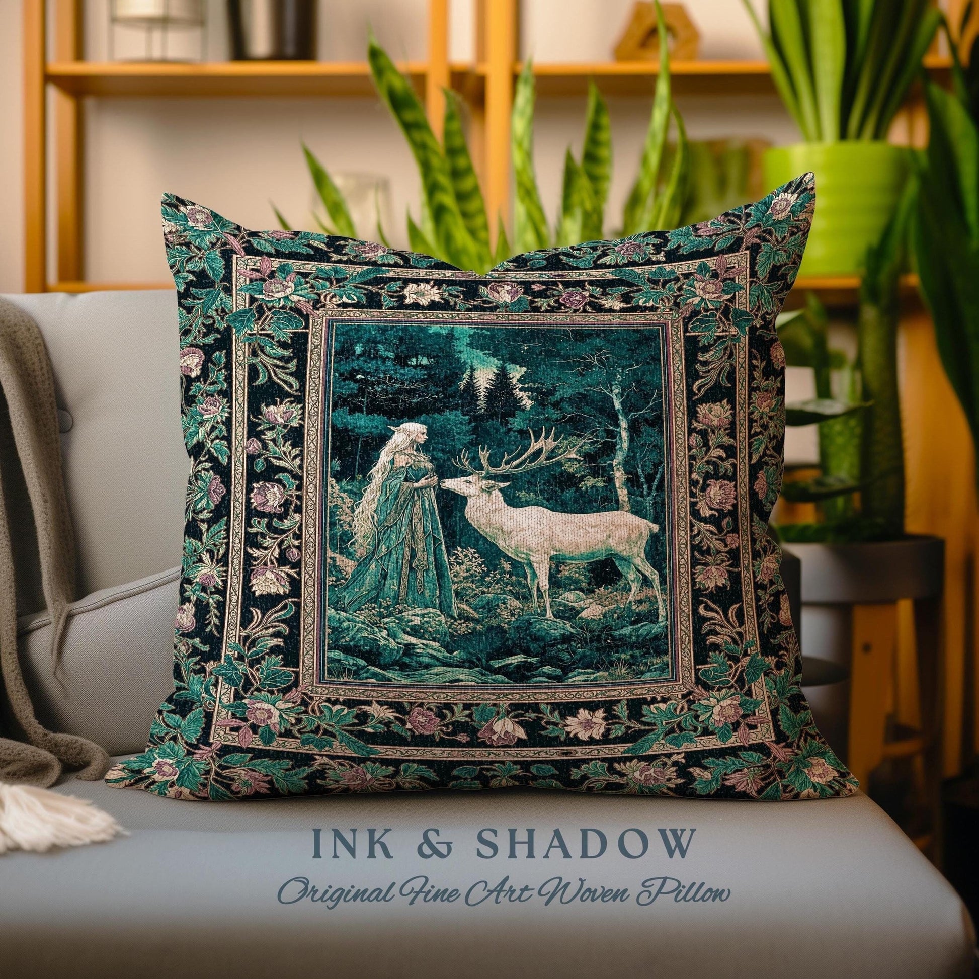 Moody Magic Forest Spirits Throw Pillow | Dark Nature Renaissance Botanical Cottagecore Medieval Folklore Inspired Fantasy Tapestry Cushion