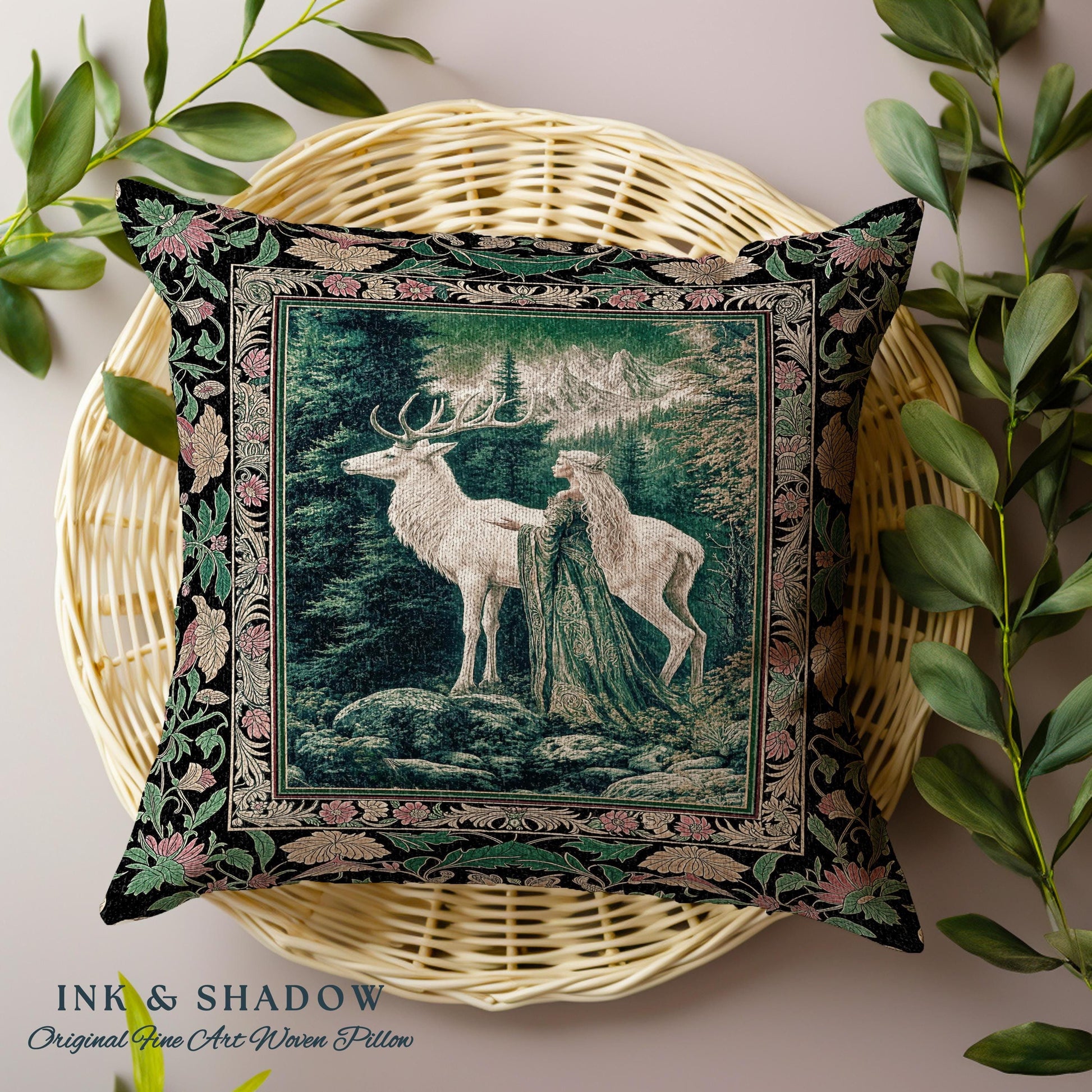 Woodland Guardian Ethereal Throw Pillow | Forest Goddess Tapestry Cushion Folklore Fairytale Fantasy Renaissance Dark Academia Forest Spirit