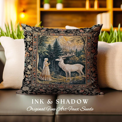 Mythic Landscape Gothic Forest Pillow | Woodland Goddess Mystic Deer Woven Tapestry Cushion Forest Nymph Fairycore Magical Botanical Scene