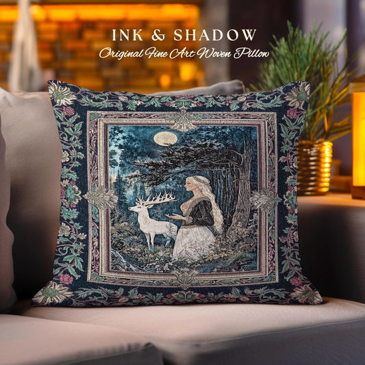 Moonlit Fairytale Mystic Throw Pillow | Woodland Gothic Forest Green Nature Goddess Woven Tapestry Cushion Folklore Botanical Fantasy Style