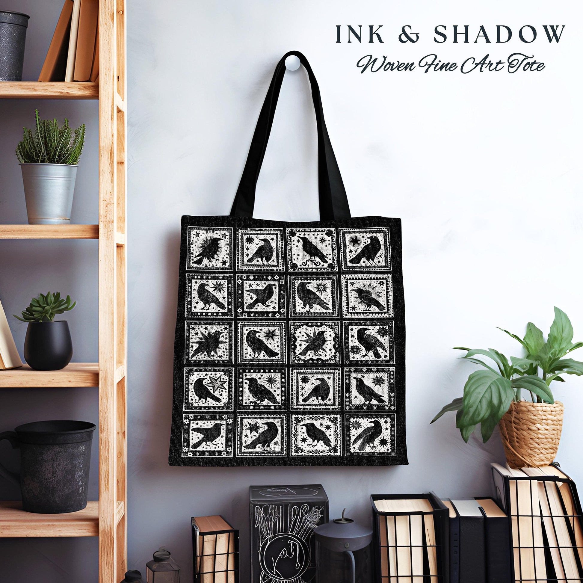 Retro Gothic Crow Tapestry Bag | Witchy Cottagecore Woven Tote Raven Halloween Lover Crowcore Gothic Accessory Spooky Aesthetic Everyday Bag