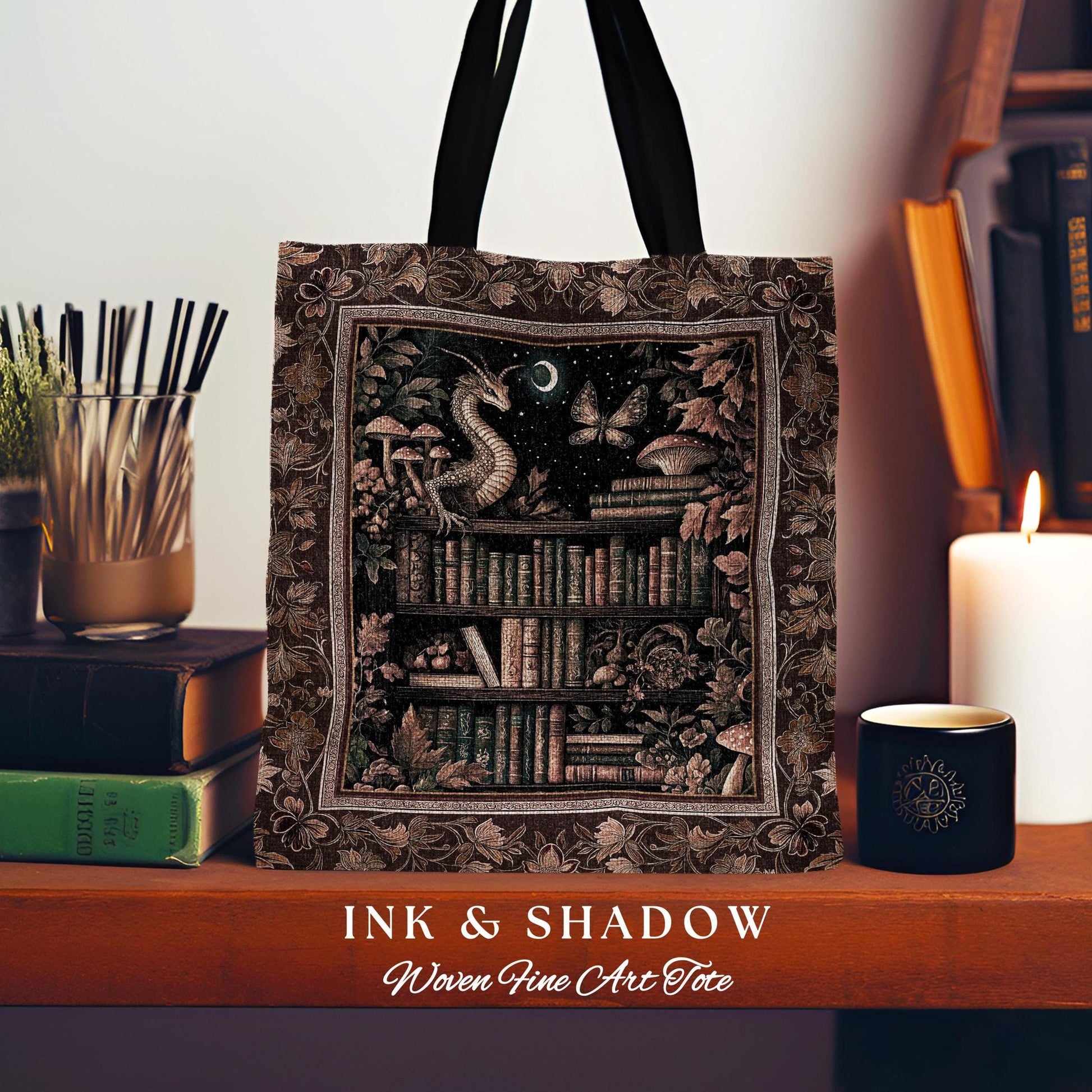 Rust Burnt Orange Woodland Book Nook Magical Dragon Tote Bag Dark Academia | Goblincore Vintage Folklore Bookshelf Enchanted Tapestry Bag |