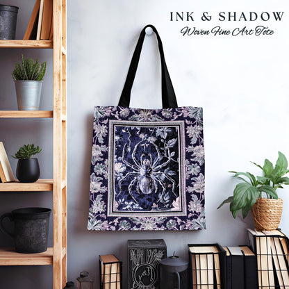 Whimsigothic Purple Spider Tote Bag | Pastel Gothic Victorian Cottagecore Home Decor Witchy Whimsical Enchanted Nature Amethyst Accessory |