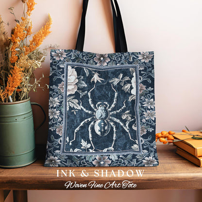 French Baroque Antique Blue Botanical Spider Tote Bag Gothic Victorian Cottagecore | Whimsical Vintage Enchanted Nature Flora Tapestry Bag |