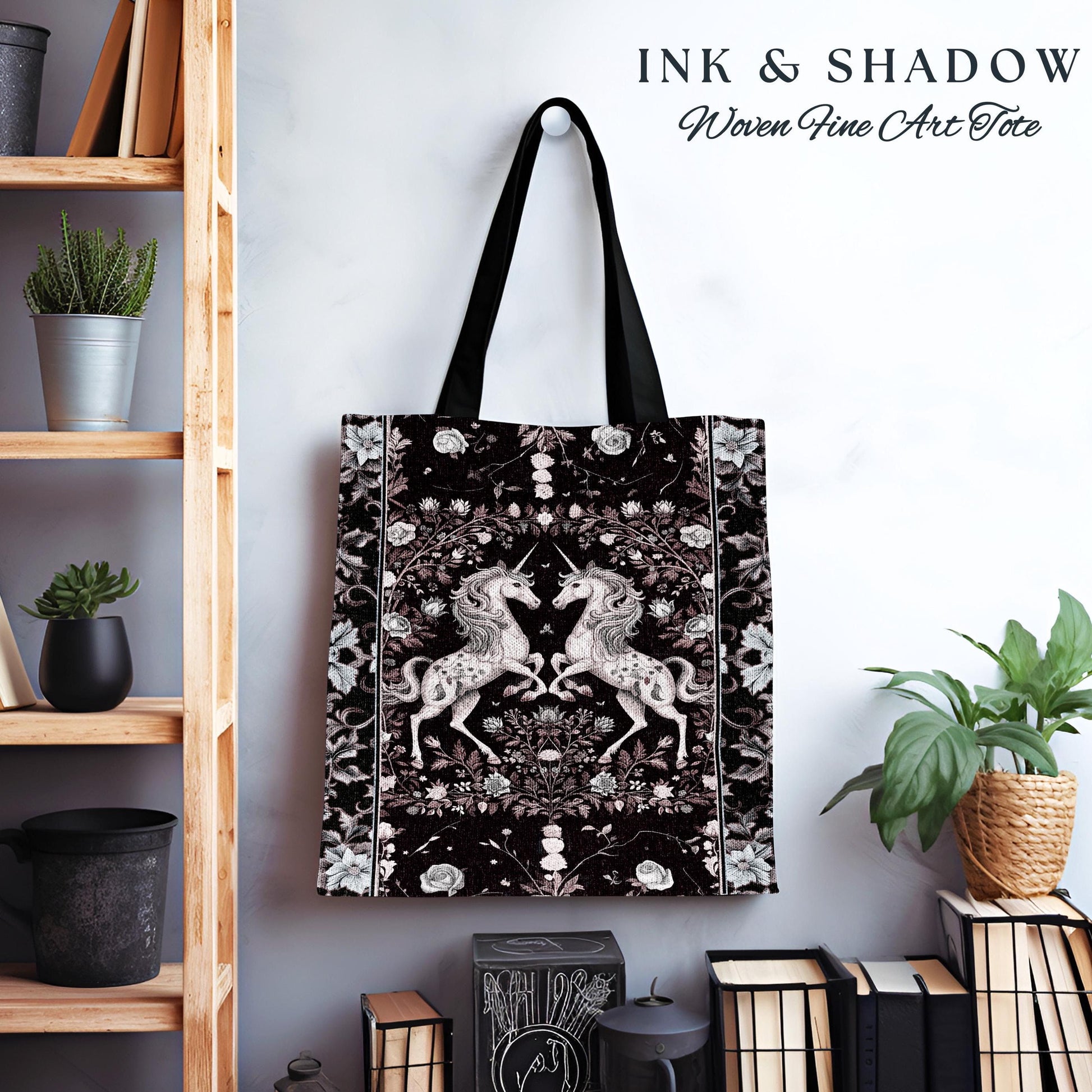 Dark Fairytale Unicorn Bag | Whimsical Fairycore Woven Tapestry Tote Victorian Gothic Floral Tapestry Tote Baroque Romantic Mystic Tote |