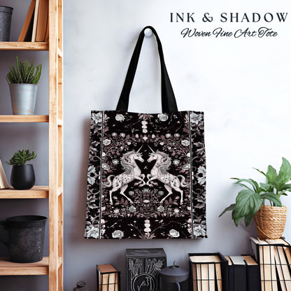 Dark Fairytale Unicorn Bag | Whimsical Fairycore Woven Tapestry Tote Victorian Gothic Floral Tapestry Tote Baroque Romantic Mystic Tote |