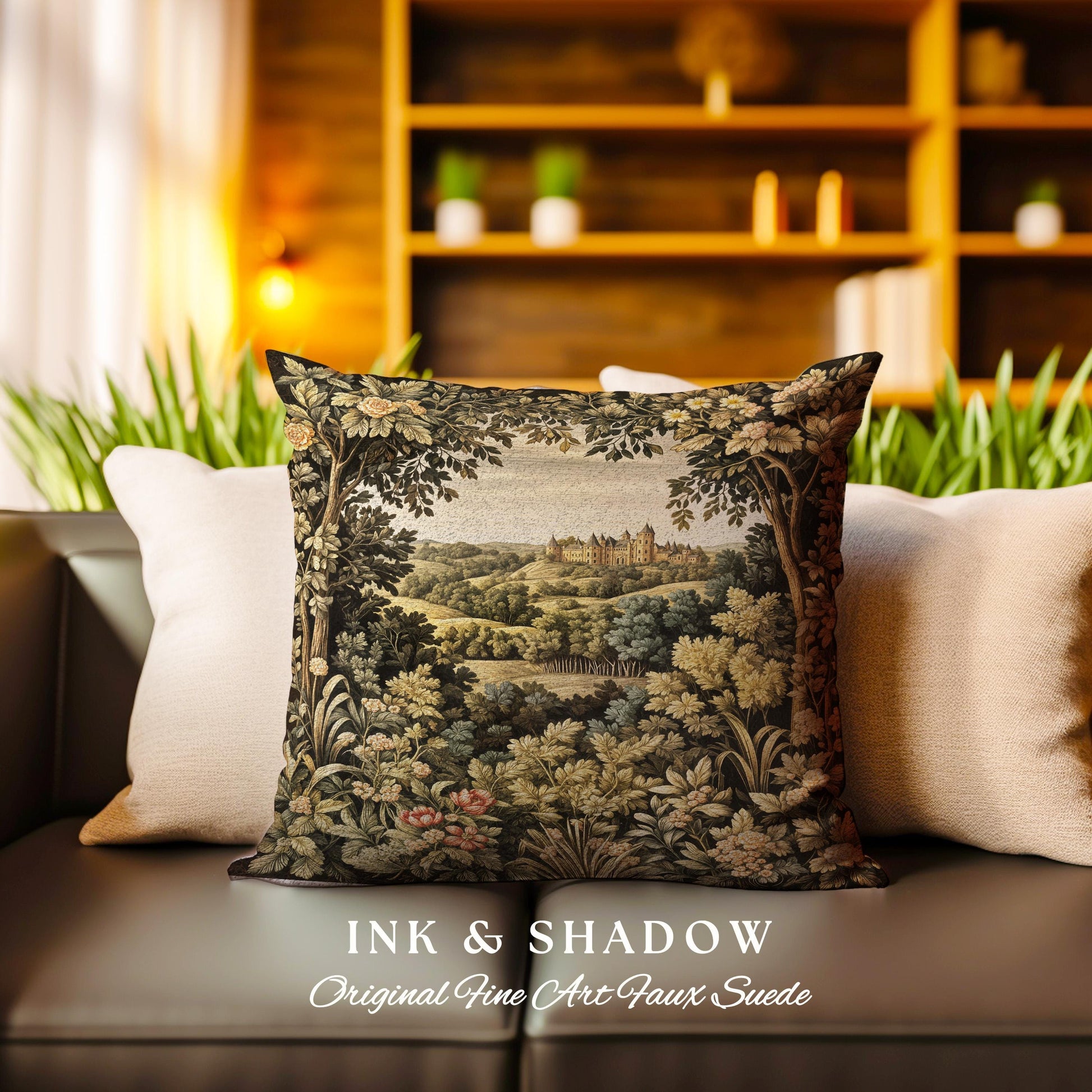 Medieval Meadow Tapestry Pillow | Rustic Fairytale Castle Landscape Woodland Fairy Folklore Princesscore Aesthetic Mystic Victorian Cushion