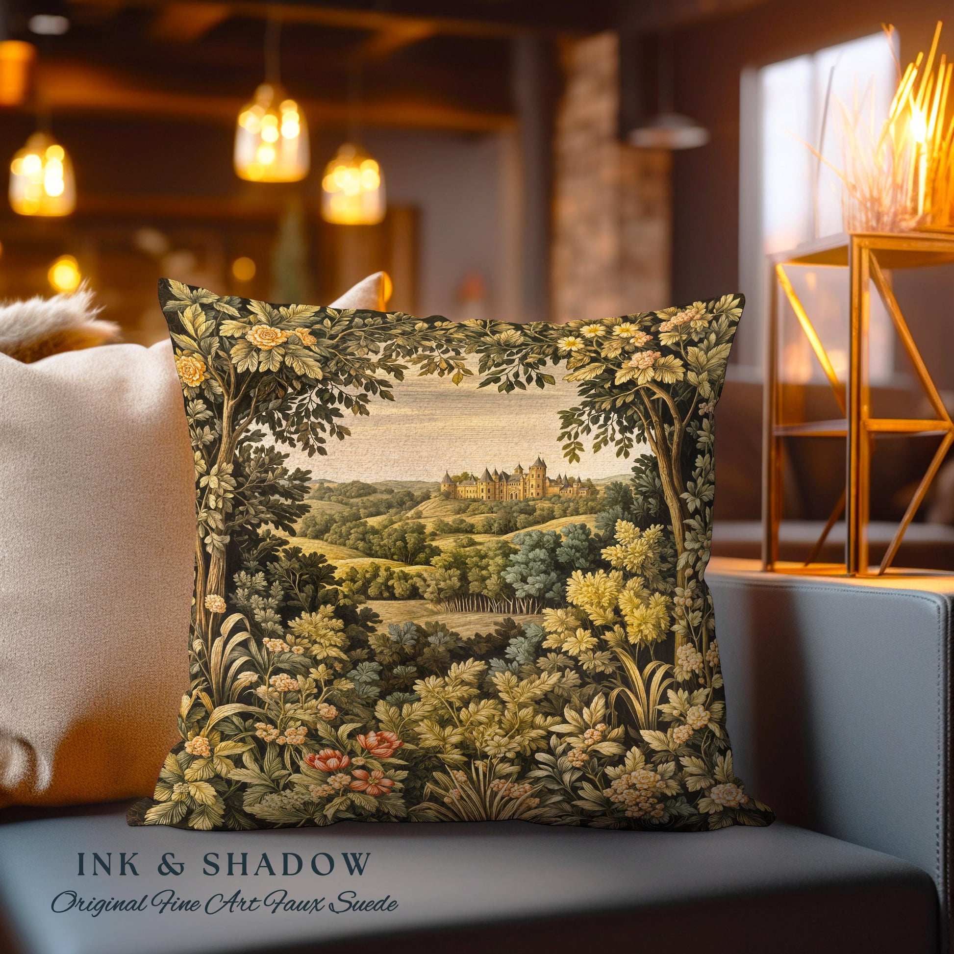 Medieval Meadow Tapestry Pillow | Rustic Fairytale Castle Landscape Woodland Fairy Folklore Princesscore Aesthetic Mystic Victorian Cushion