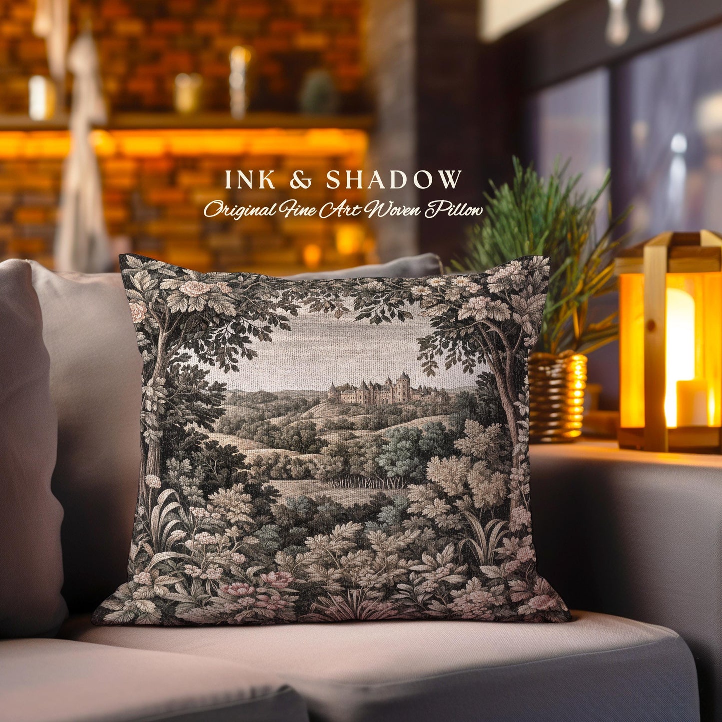 Medieval Meadow Tapestry Pillow | Rustic Fairytale Castle Landscape Woodland Fairy Folklore Princesscore Aesthetic Mystic Victorian Cushion