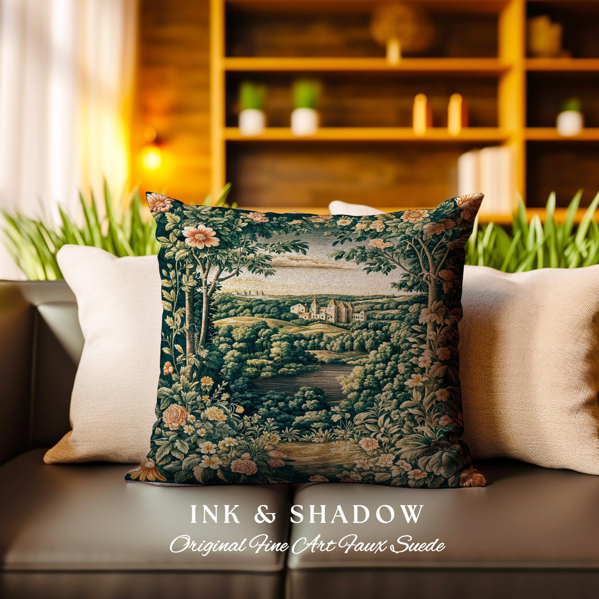 Princess Medieval Woven Throw Pillow | Rustic Floral Landscape Whimsigoth Castle Ethereal Bedroom Tapestry Cushion Woodland Gothic Romantic