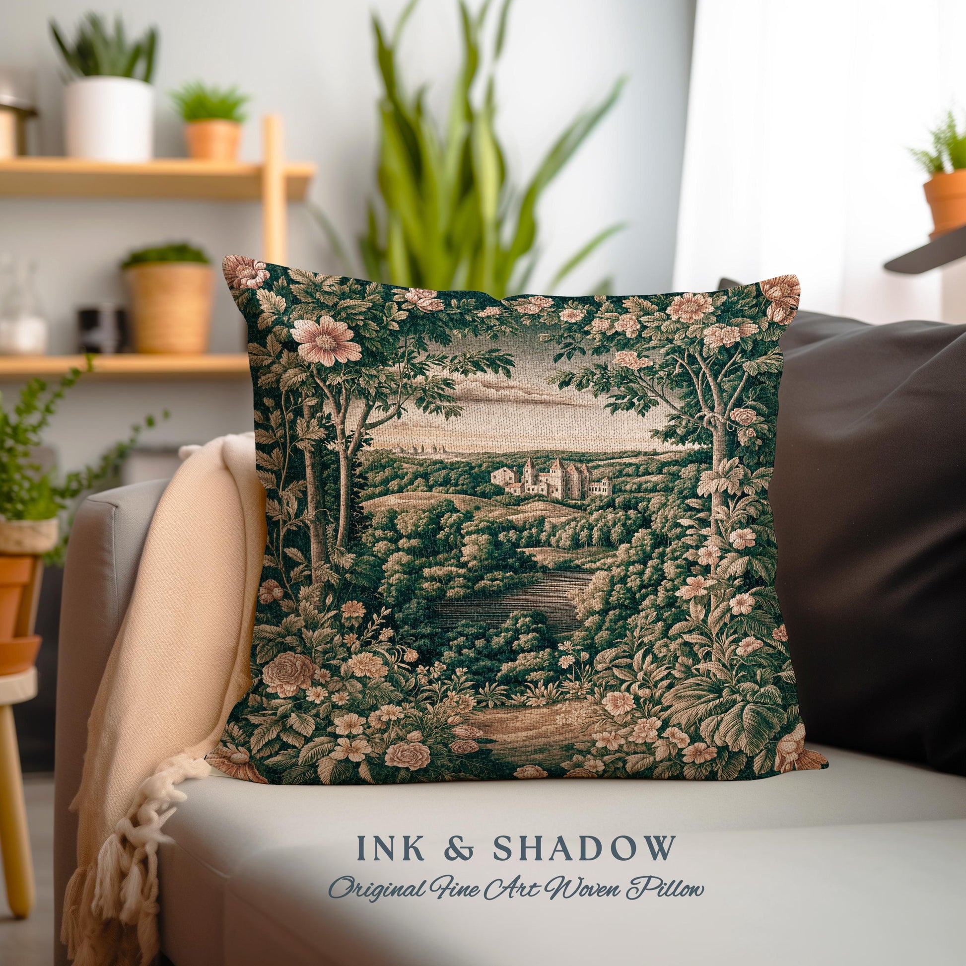 Princess Medieval Woven Throw Pillow | Rustic Floral Landscape Whimsigoth Castle Ethereal Bedroom Tapestry Cushion Woodland Gothic Romantic