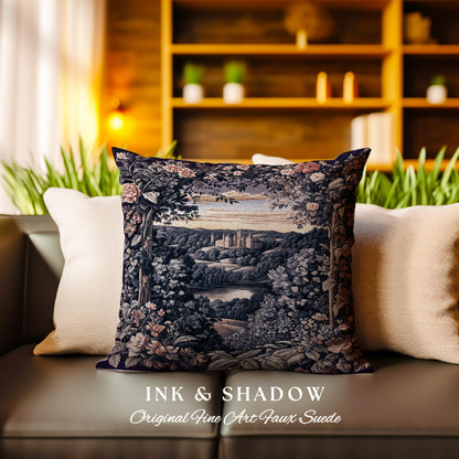 Pastel Castle Countryside Fairycore Floral Tapestry Pillow | Ethereal Woodland Botanical Royalcore Purple Woven Cushion Medieval Landscape